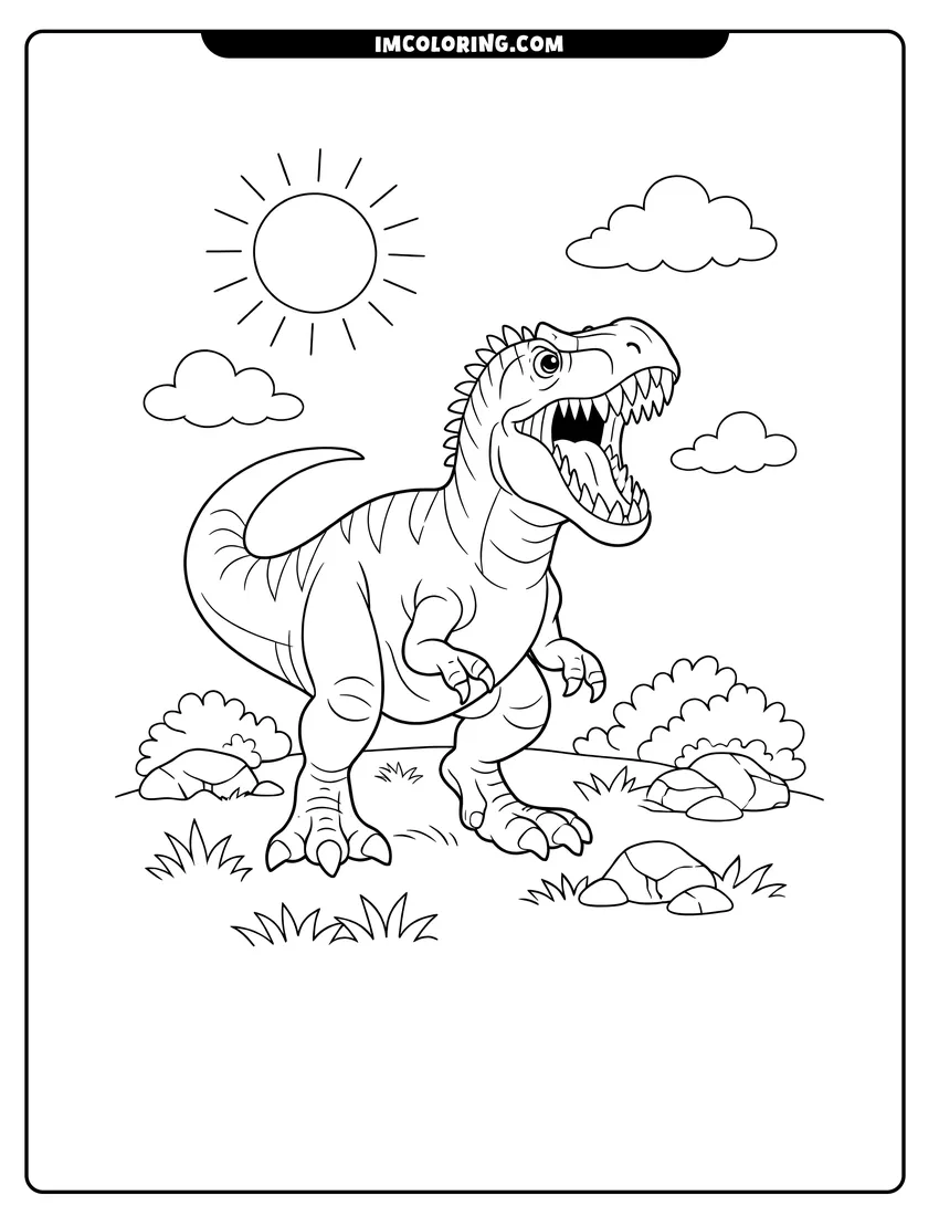 Scene showing Fierce Allosaurus standing in a sunny field to color