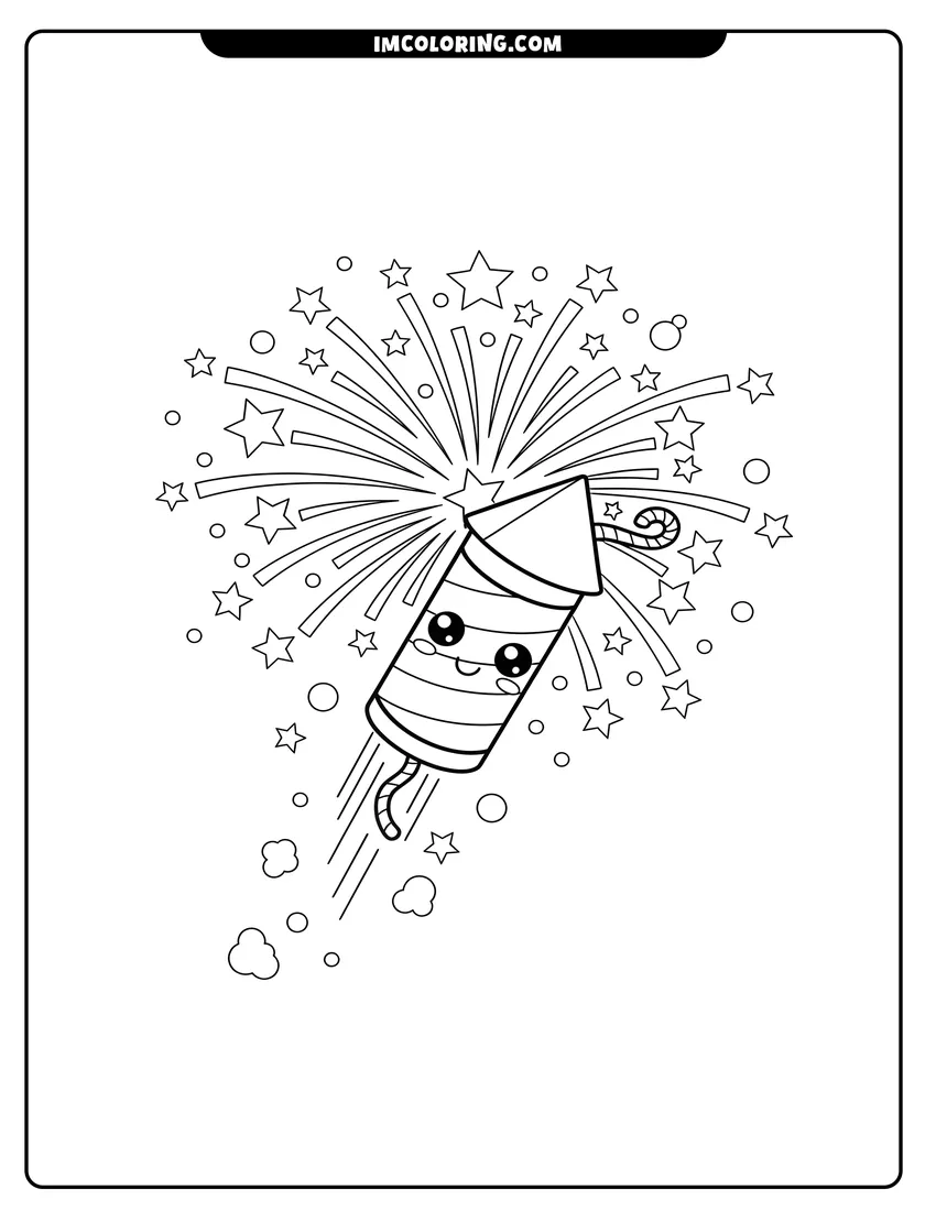 Black and white line art of Cartoon firecracker with kawaii eyes launching into starry sky