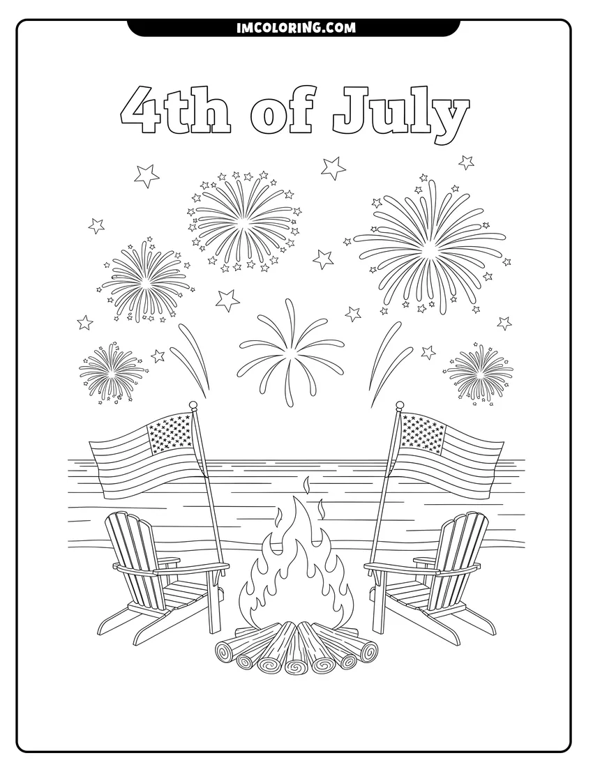 Printable line art of Beach bonfire and flags under a firework filled sky