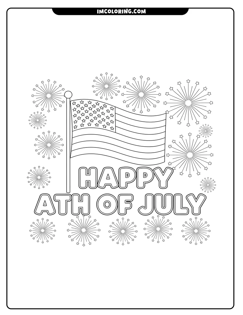 Printable line art of Happy 4th of July text with waving flag and fireworks