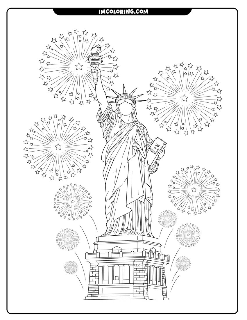 Simple sketch of Statue of Liberty surrounded by star-shaped exploding fireworks to color