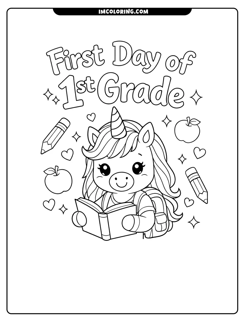 Scene showing Cute unicorn with first day of 1st grade text to color