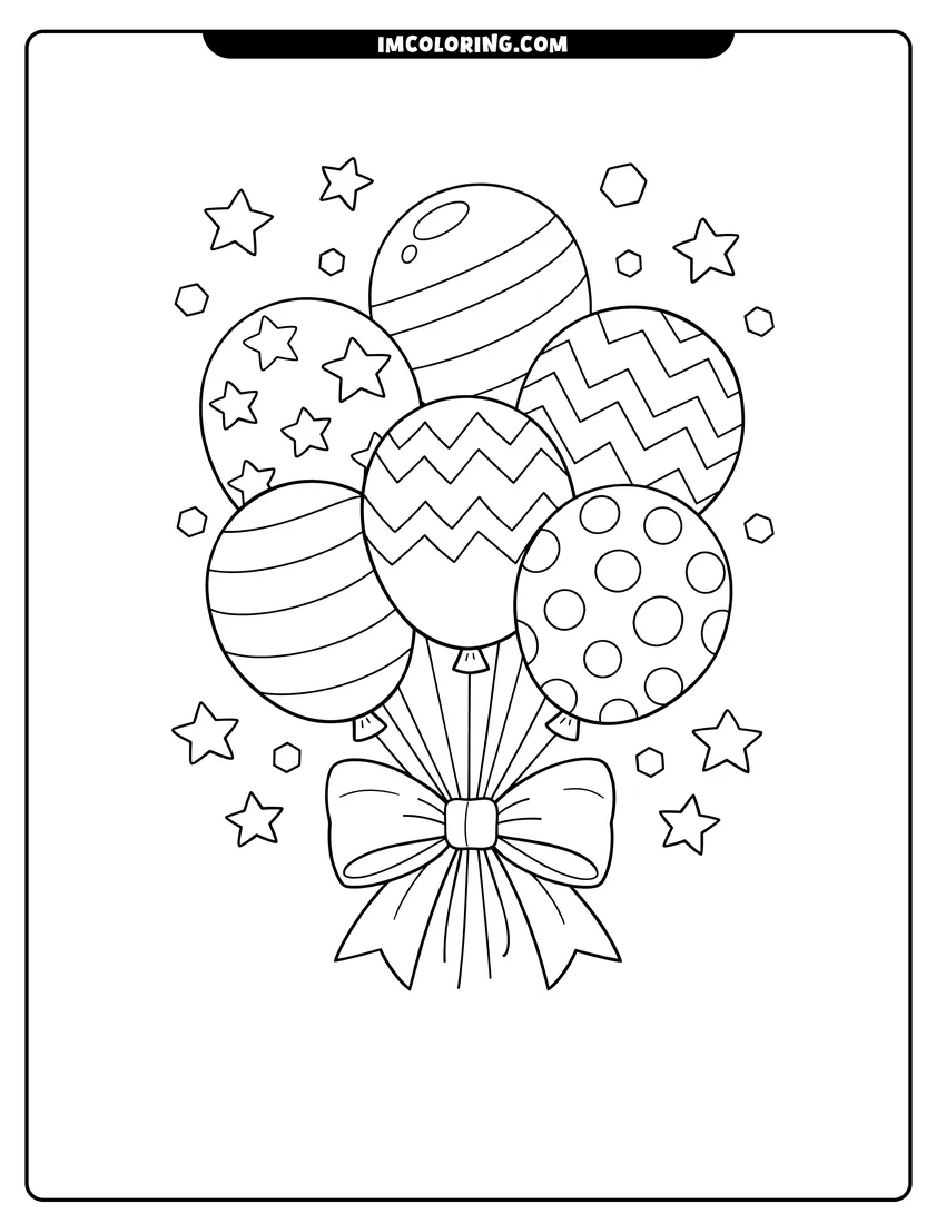 Five balloons with different patterns and a bow drawing meant for coloring