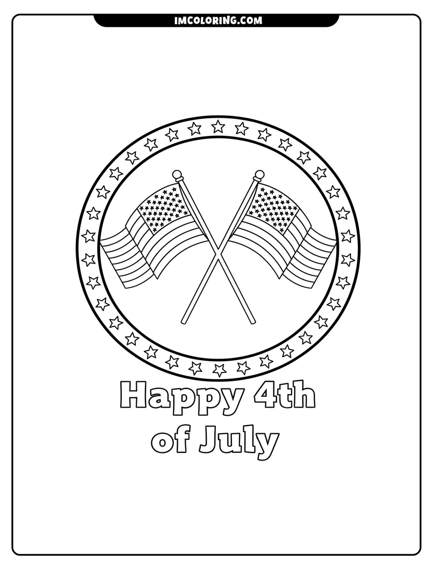 Outline drawing of Two crossed American flags inside a star pattern frame