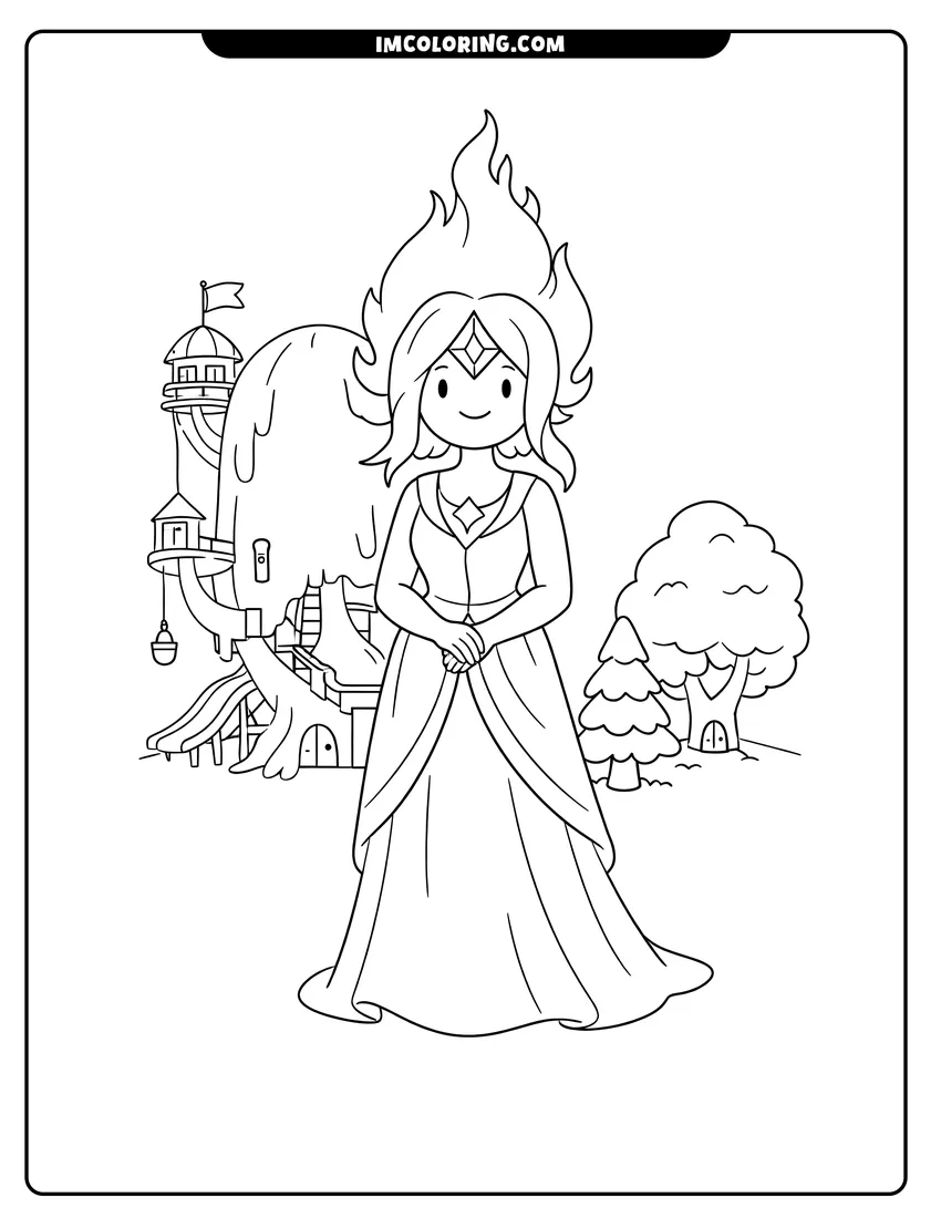 Simple line drawing of Flame Princess standing by the Tree Fort