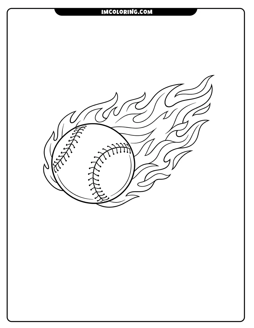 Scene showing Baseball flying through the air with flames to color