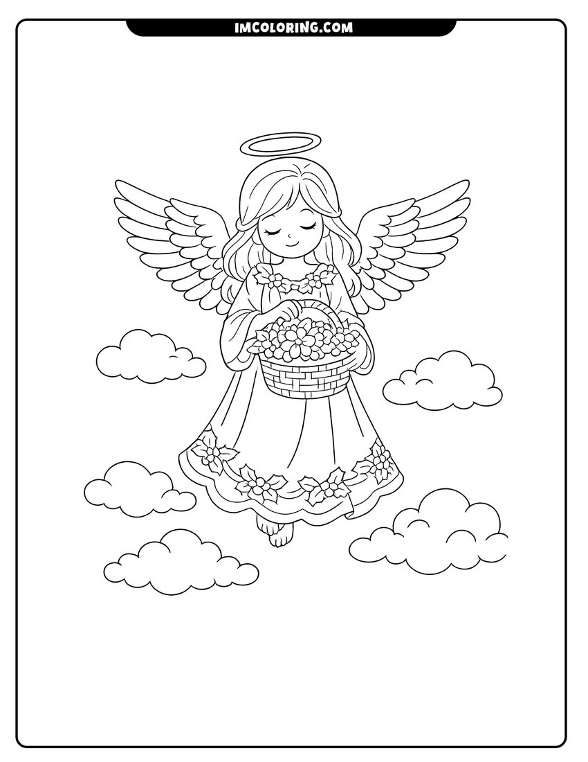 Black and white Serene angel floating with a basket of flowers coloring sheet