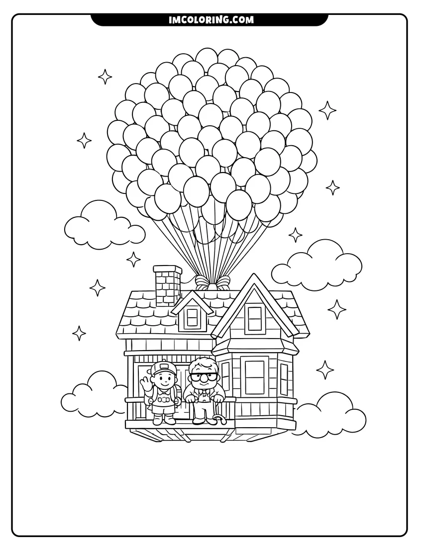 Kawaii style House floating with a large balloon cluster coloring picture