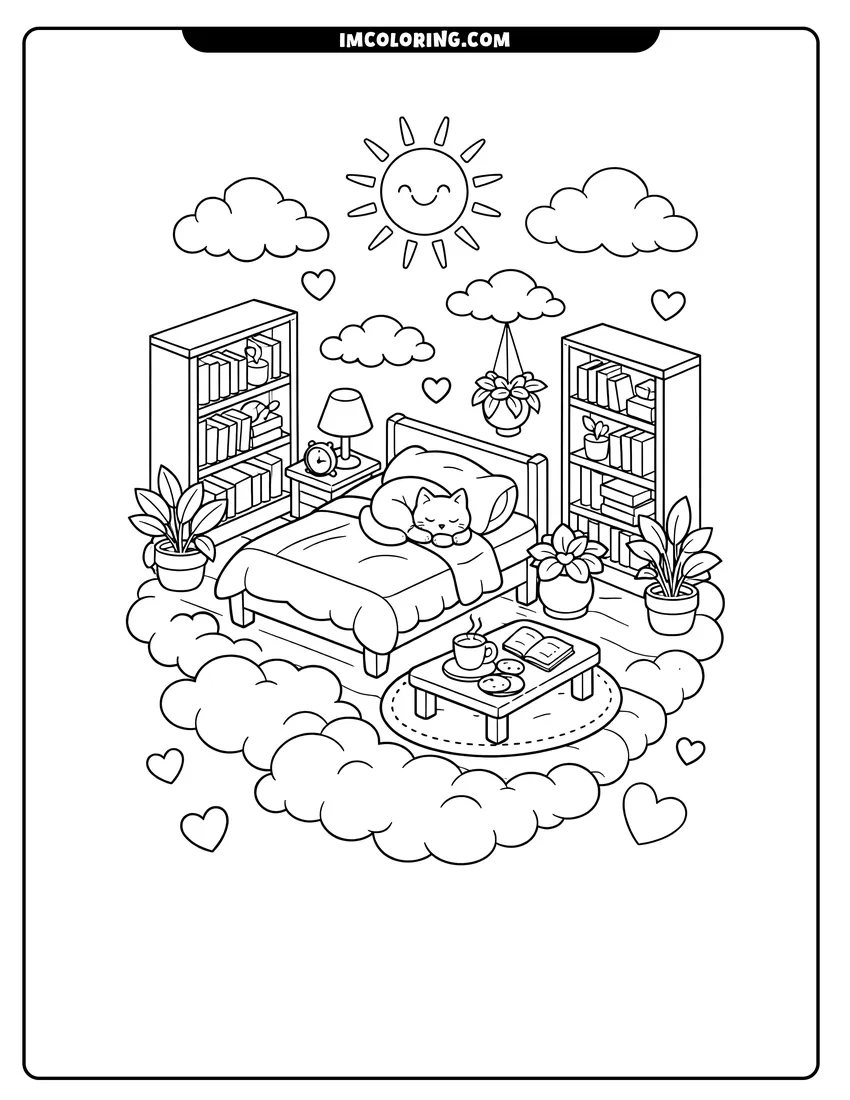 Printable coloring page featuring Isometric bedroom floating in clouds with a cat
