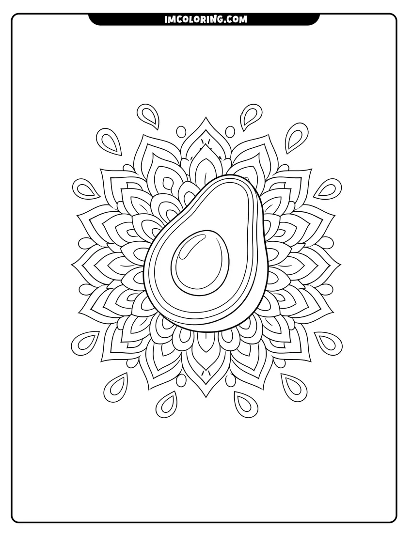 Outline of Stylized avocado at center of a floral mandala pattern on a white background