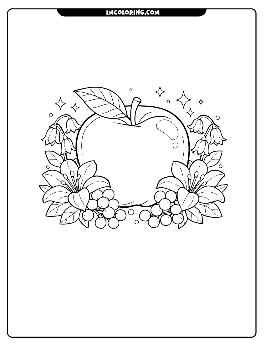 Scene showing Apple surrounded by lily flowers to color