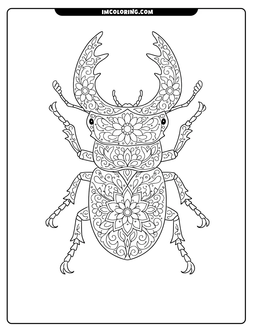 Printable Stag beetle decorated with floral mandala patterns and swirls coloring activity