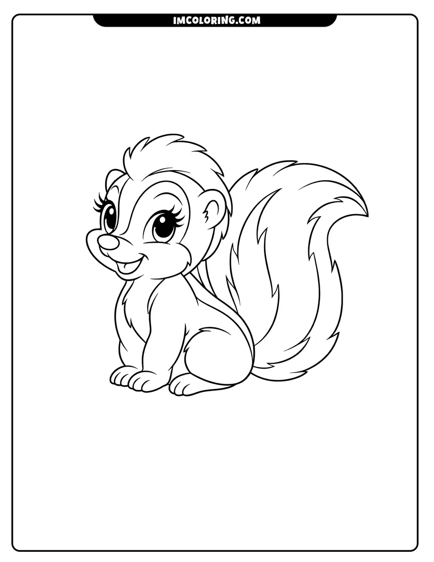 Flower the skunk standing with a fluffy tail drawing meant for coloring