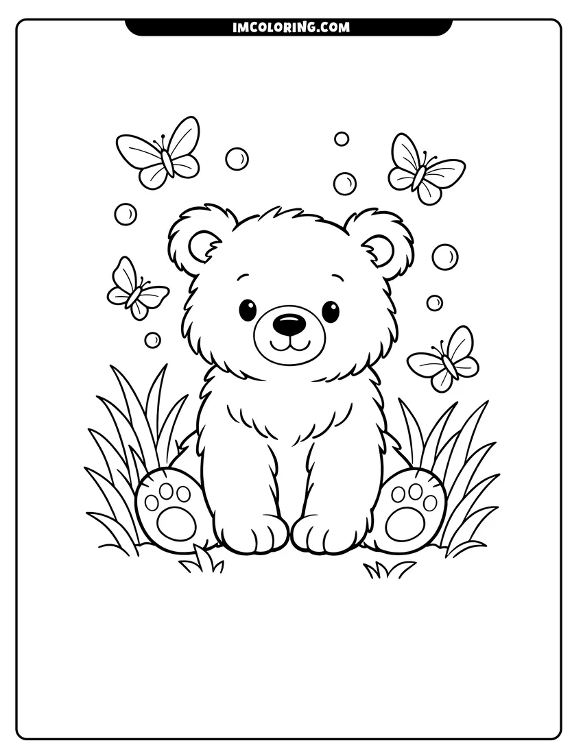 Fluffy bear sitting in grass with butterflies drawing meant for coloring