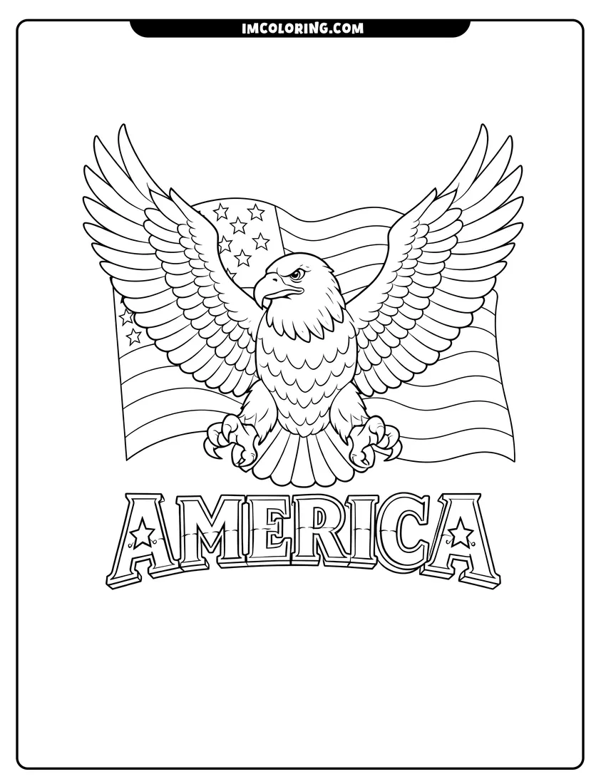Outline of Eagle flying in front of a large American flag on a white background