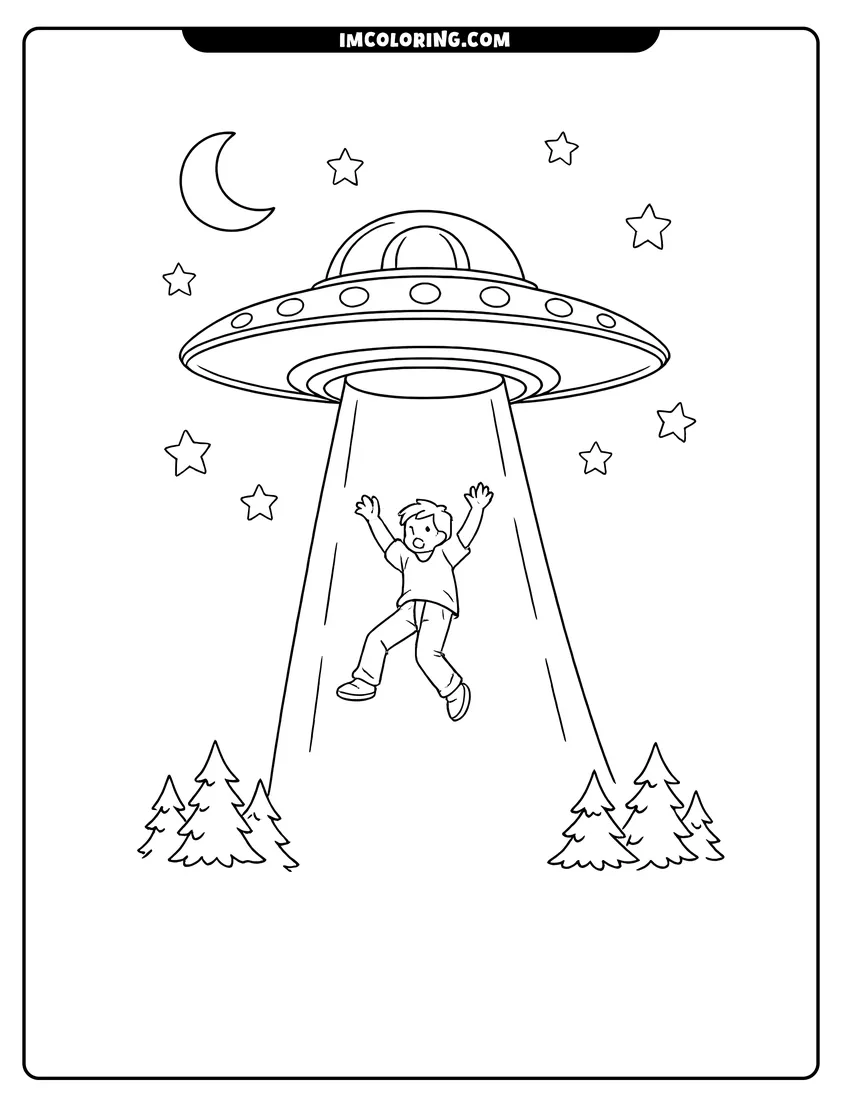 Coloring sheet of Flying saucer UFO abducting a person over a forest for kids