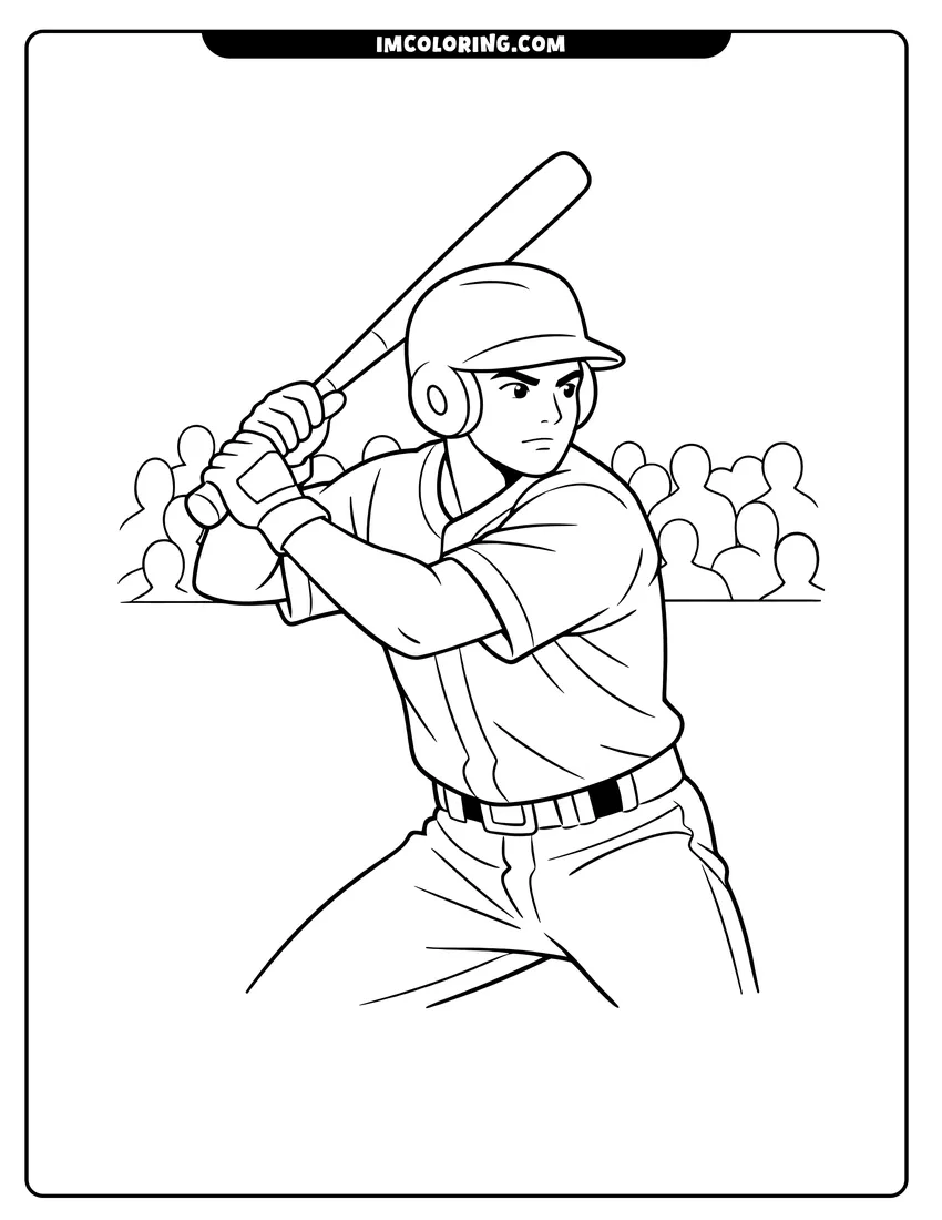 Printable coloring page featuring Focused baseball batter waiting for the pitch