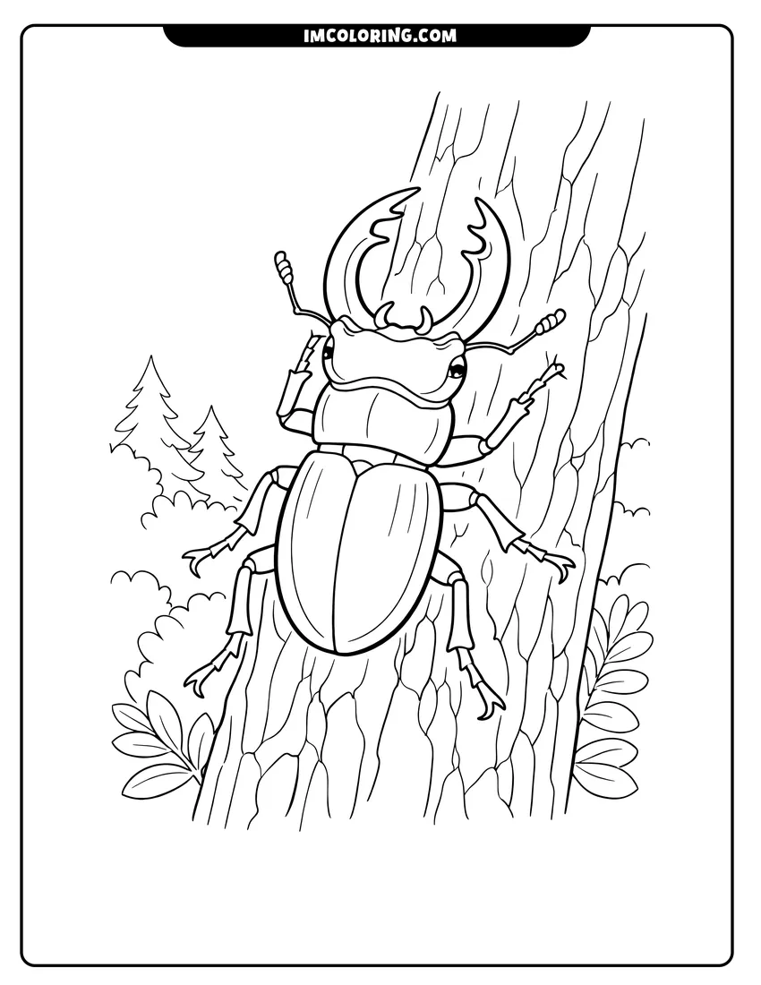Simple sketch of Realistic stag beetle with curved mandibles on a tree for children