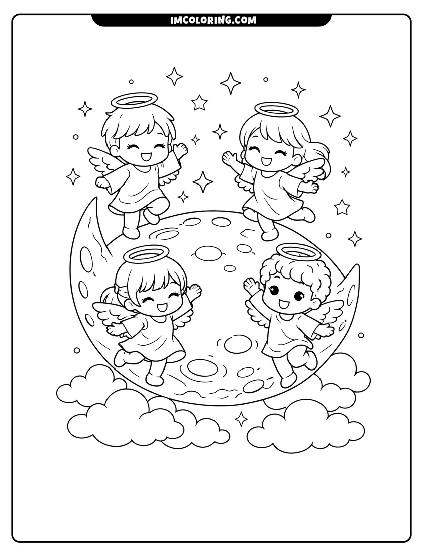 Easy-to-color Four chibi angels dancing on a crescent moon illustration