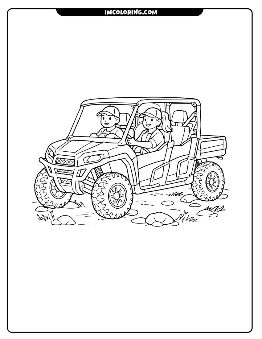 Kawaii style Four-seater crew cab utility UTV on rocky ground coloring picture
