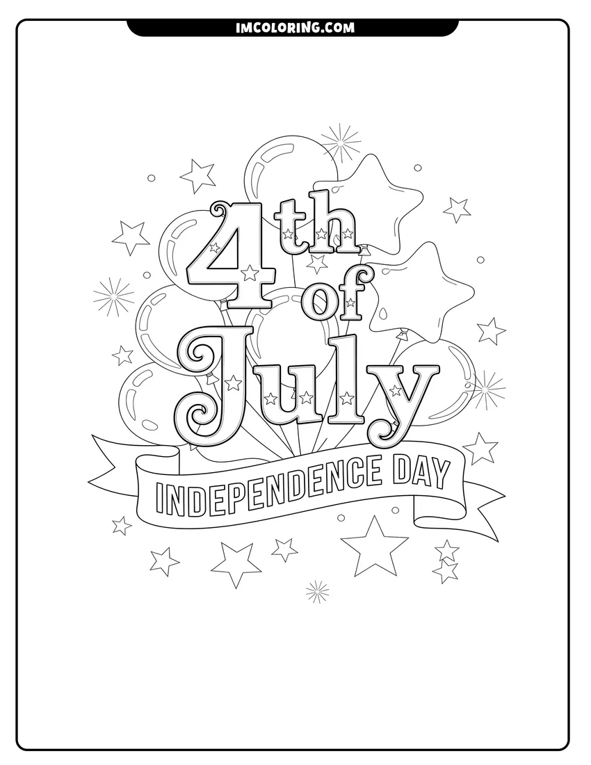 Doodle style coloring picture of 4th of July script with balloons, banner, and stars