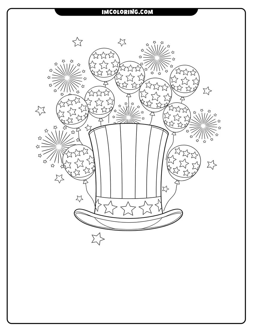 Simple sketch of Patriotic top hat with star balloons and firework bursts to color