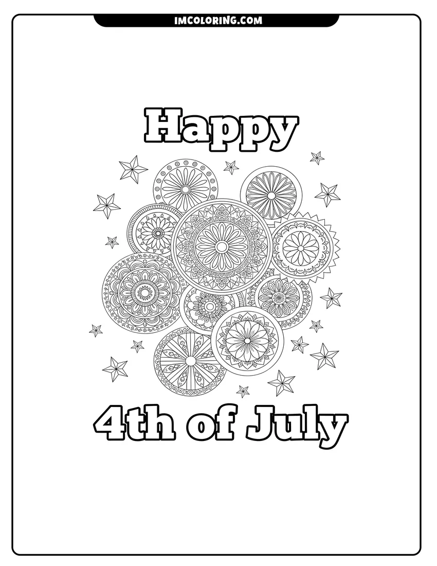 Coloring sheet featuring Mandala fireworks and stars with Happy 4th of July text