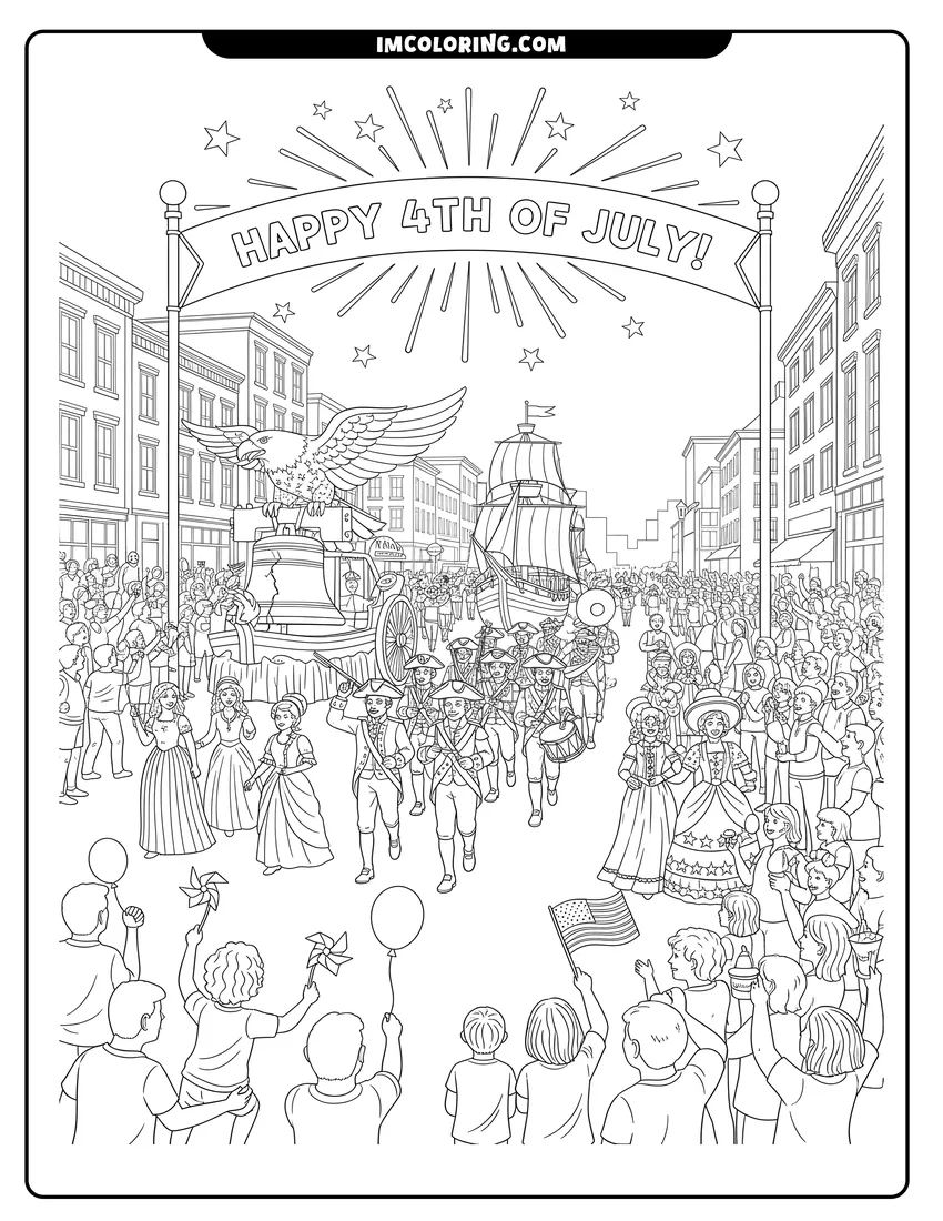 Doodle style coloring picture of A festive 4th of July parade with floats and marchers