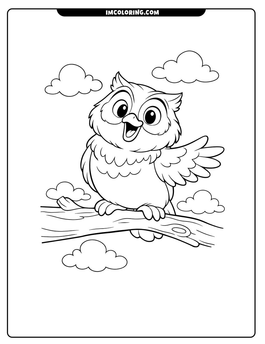 Easy-to-color Friend Owl perched on a tree branch illustration