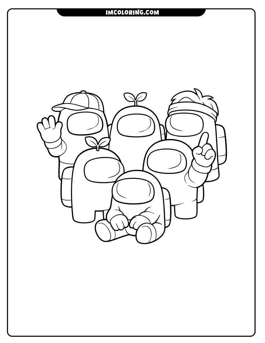 Simple sketch of Group of five Among Us crewmates posing together for children