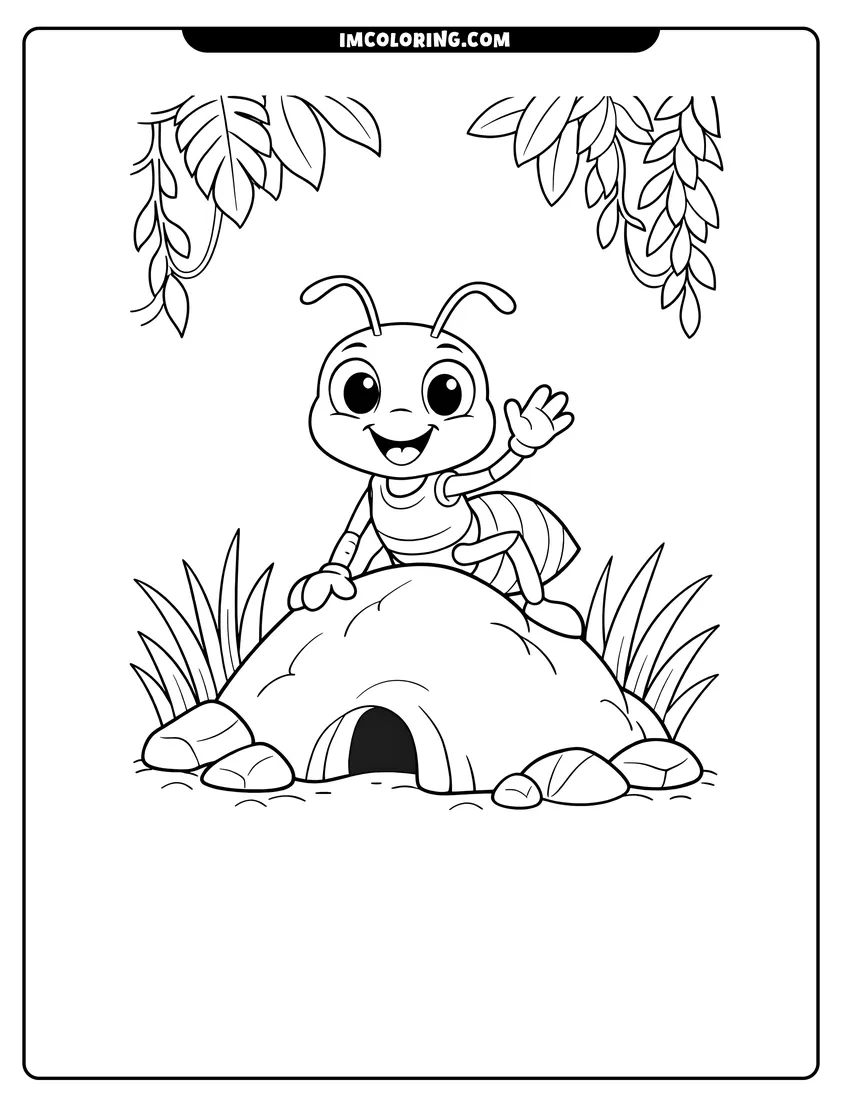 Outline of Cartoon ant waving from the top of an anthill on a white background