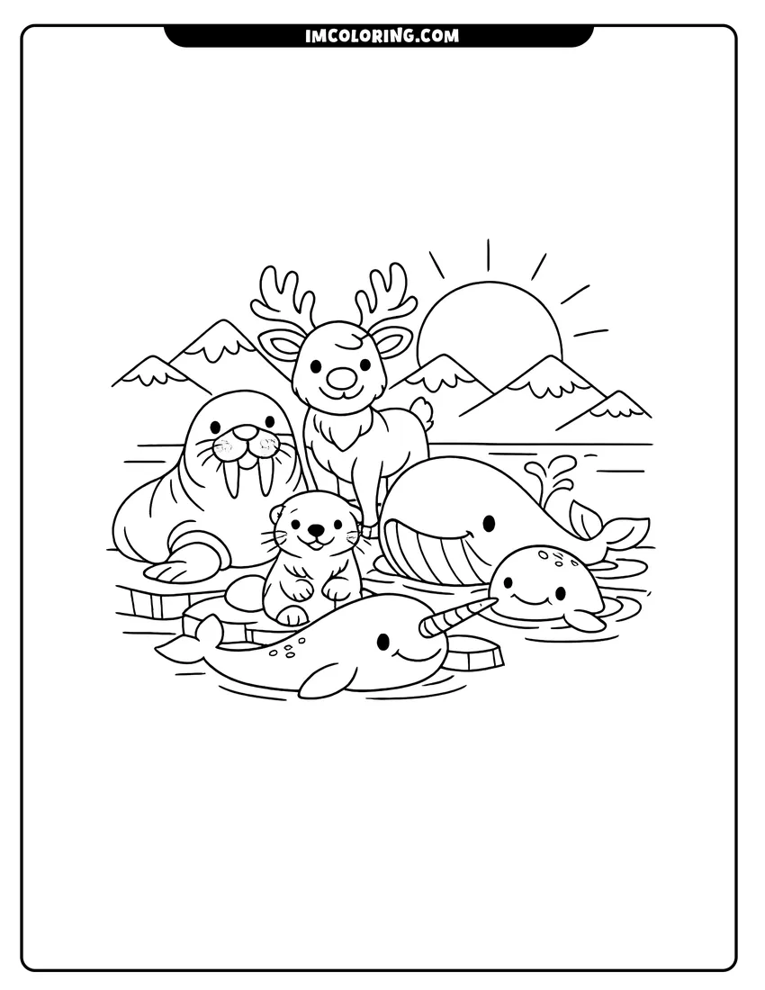 Easy-to-color Group of Arctic animals on an icy shore illustration