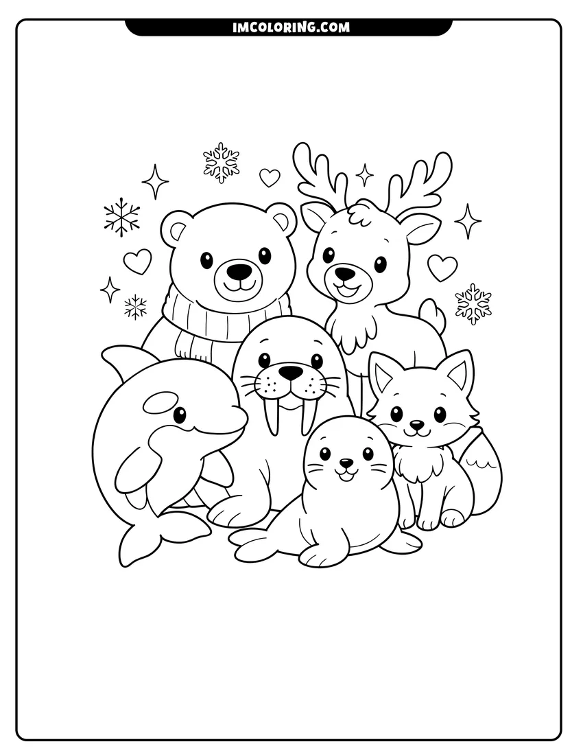 Kawaii style Friendly Arctic animals surrounded by stars and hearts coloring picture