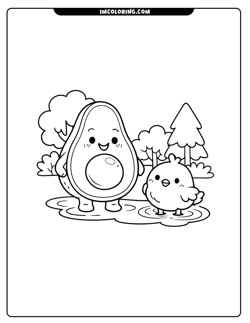 Printable outline of Smiling avocado character standing in a puddle with a bird