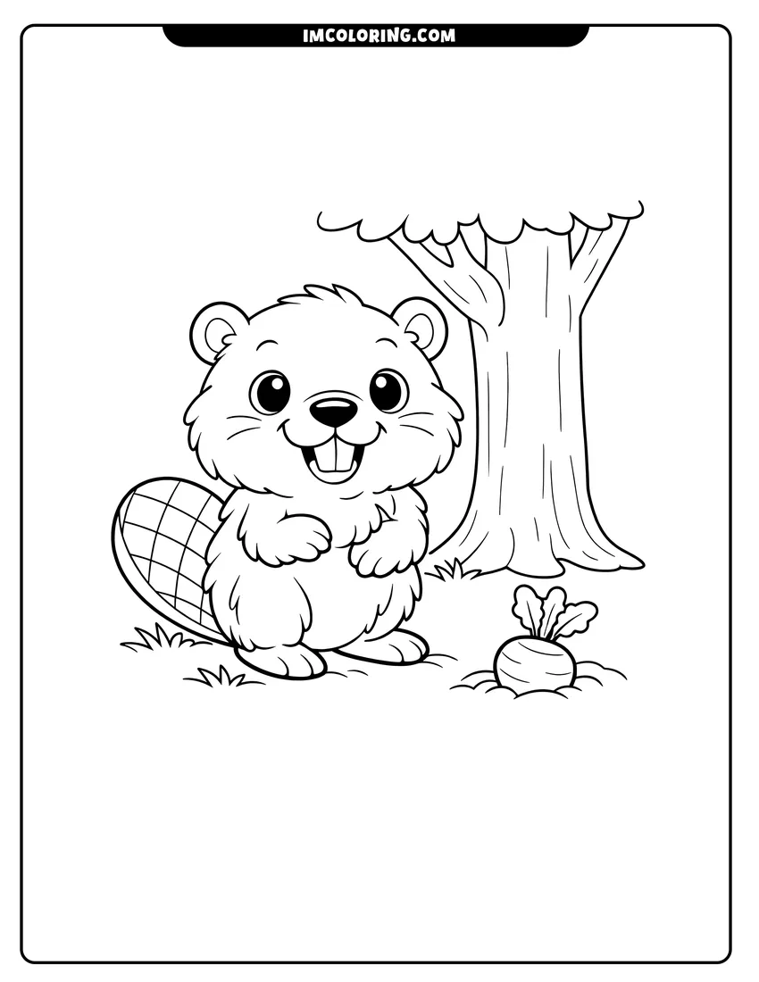 Black and white Fluffy beaver standing next to a forest tree coloring sheet