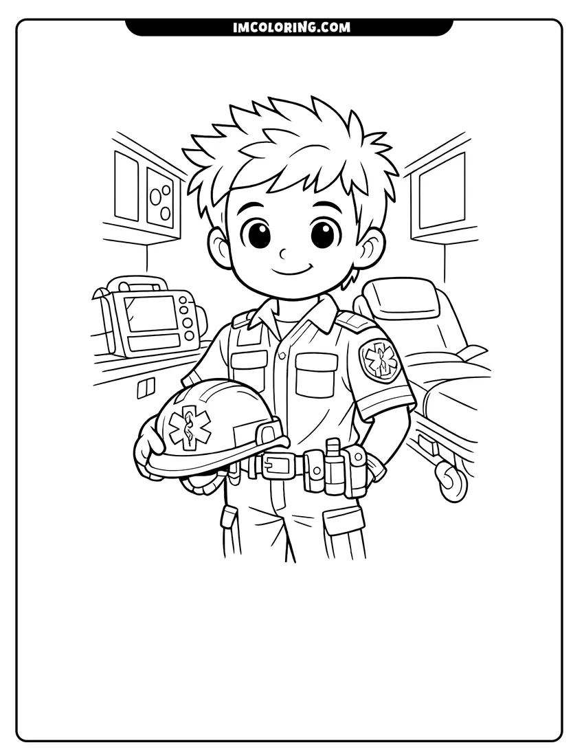 Kawaii style Friendly boy paramedic standing inside the back of an ambulance coloring picture