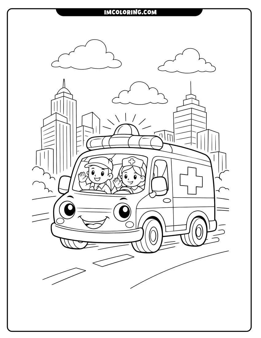 Printable Cartoon ambulance driving down a city street with skyscrapers coloring activity