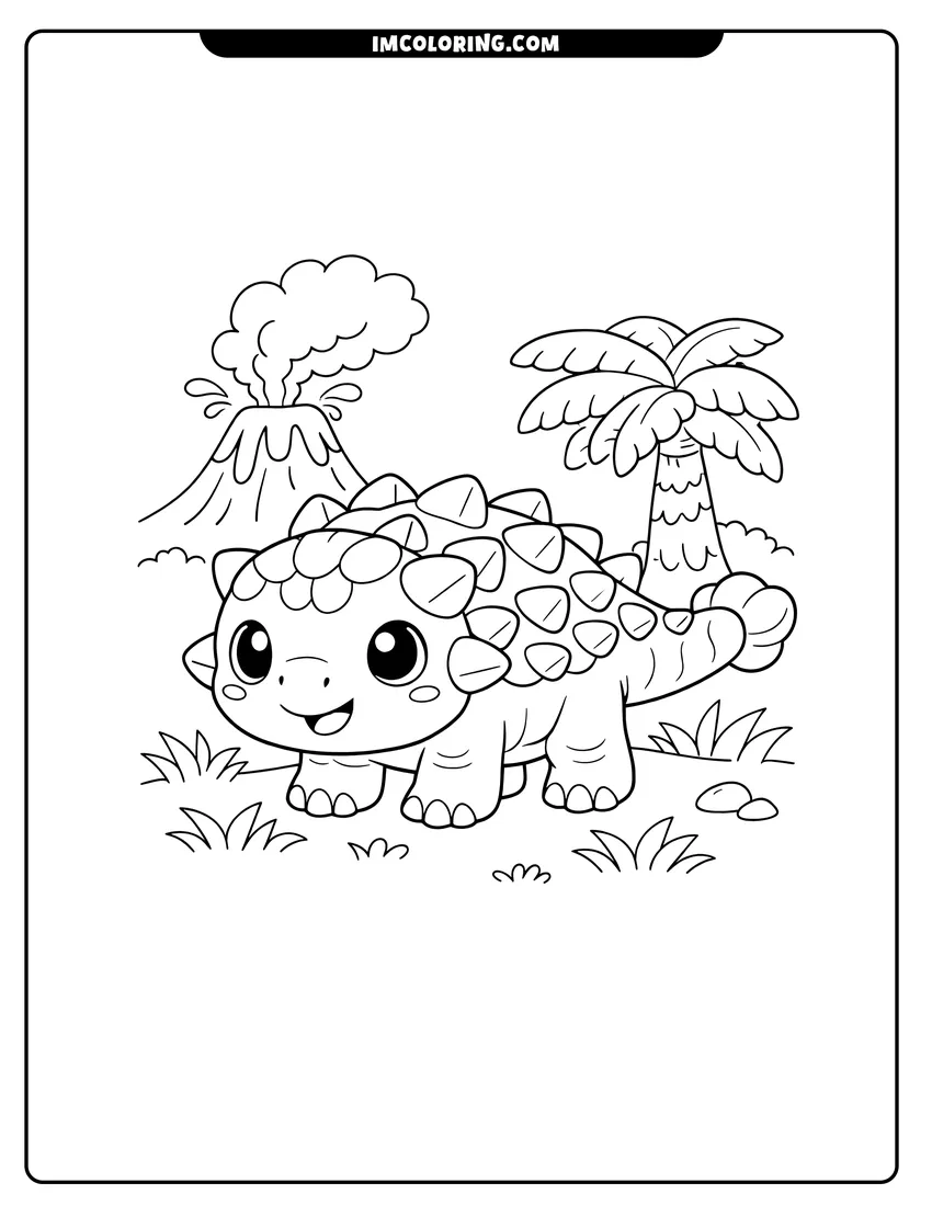 Line art depicting Cute chibi Ankylosaurus standing in a field with a volcano