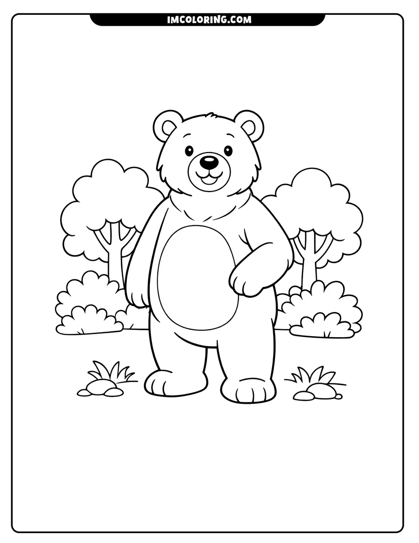 Printable coloring page featuring Simple bear standing in a forest clearing