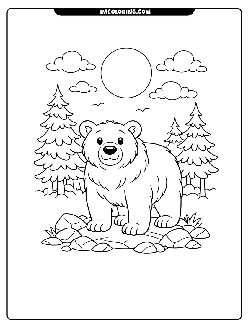 Printable outline of Grizzly bear walking on rocks at night