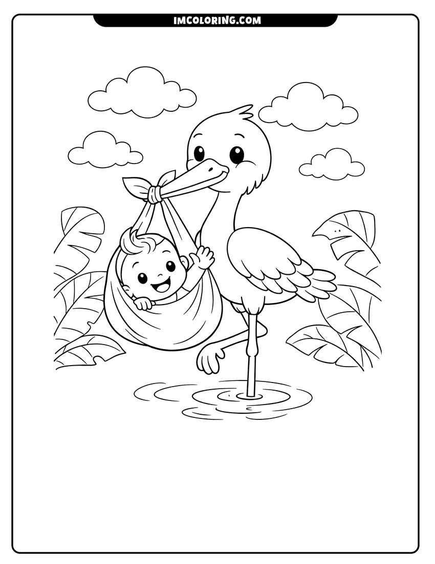 Kawaii style Stork delivering a baby in a sling coloring picture