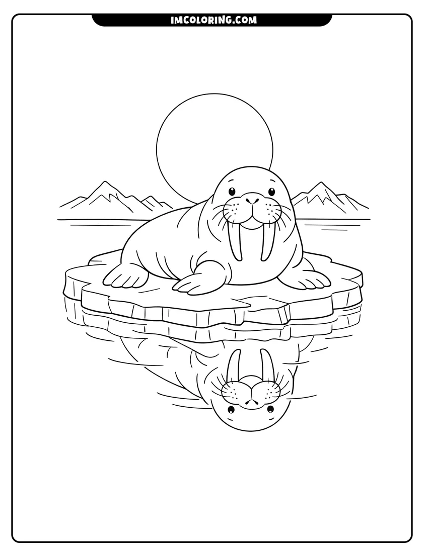 Simple line drawing of Walrus resting on a floating ice floe