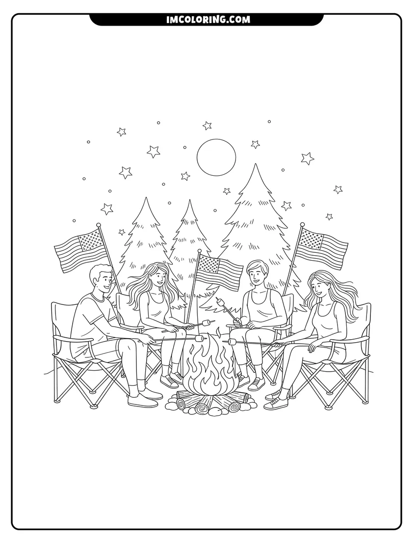 Linear illustration of Four friends roasting marshmallows at a 4th of July campfire