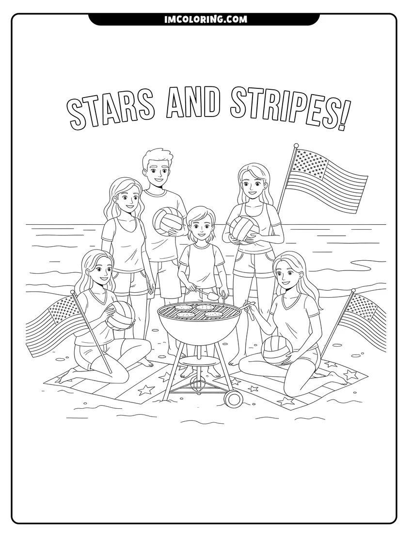 Coloring page of Friends grilling burgers at a 4th of July beach barbecue
