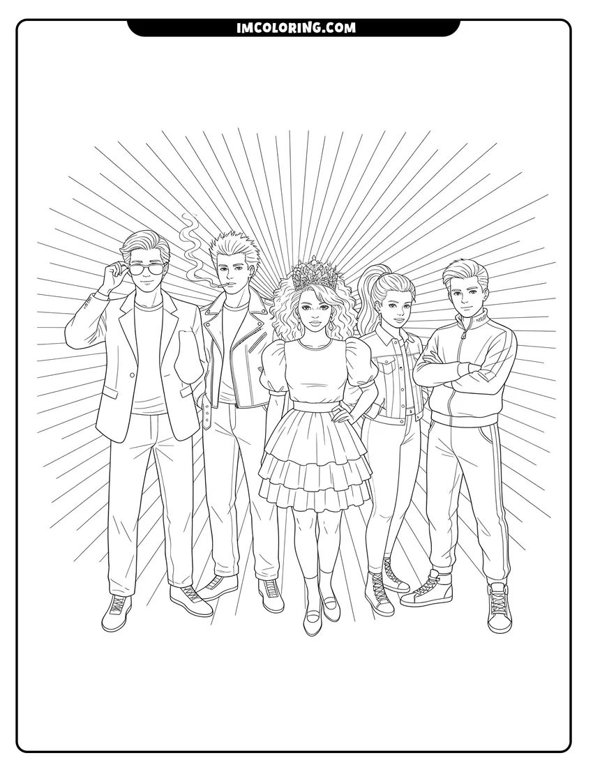 Downloadable coloring page of Five eighties teenagers posing with sunglasses and a tiara