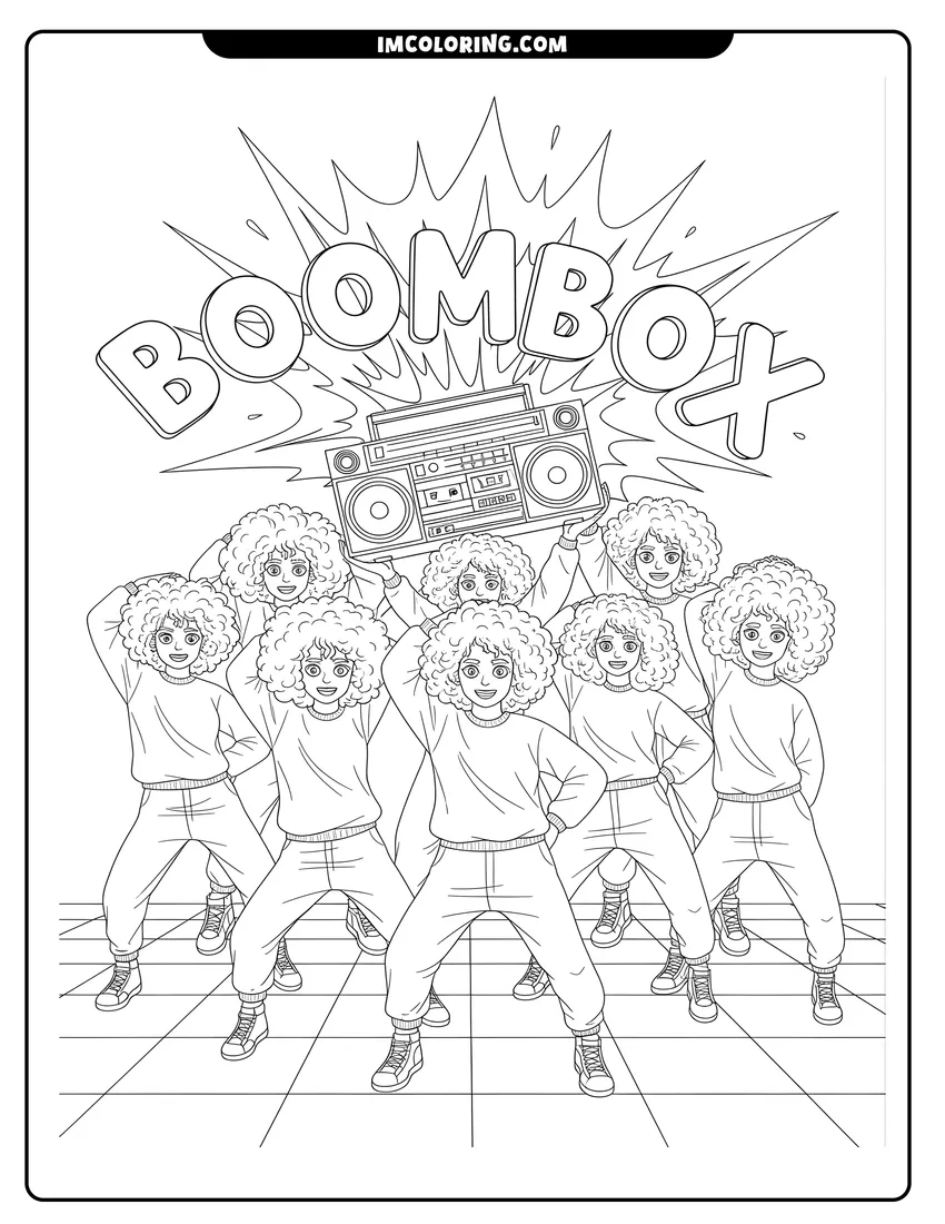Full page coloring image of Dancers lifting a giant boombox on a grid floor