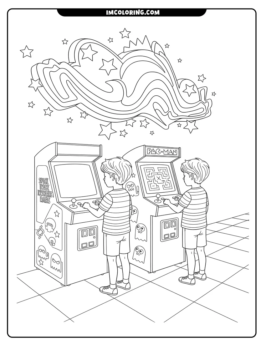Coloring page of Two boys playing Pac-Man and Space Invaders arcade games
