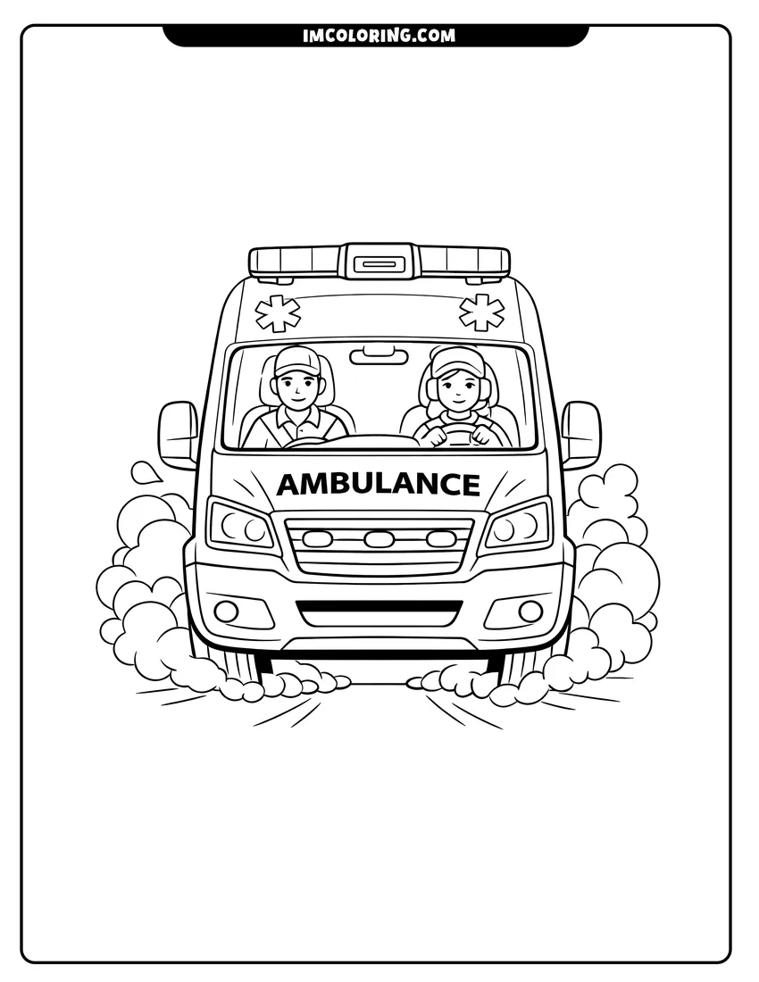 Easy-to-color Front view of an ambulance speeding down the road illustration