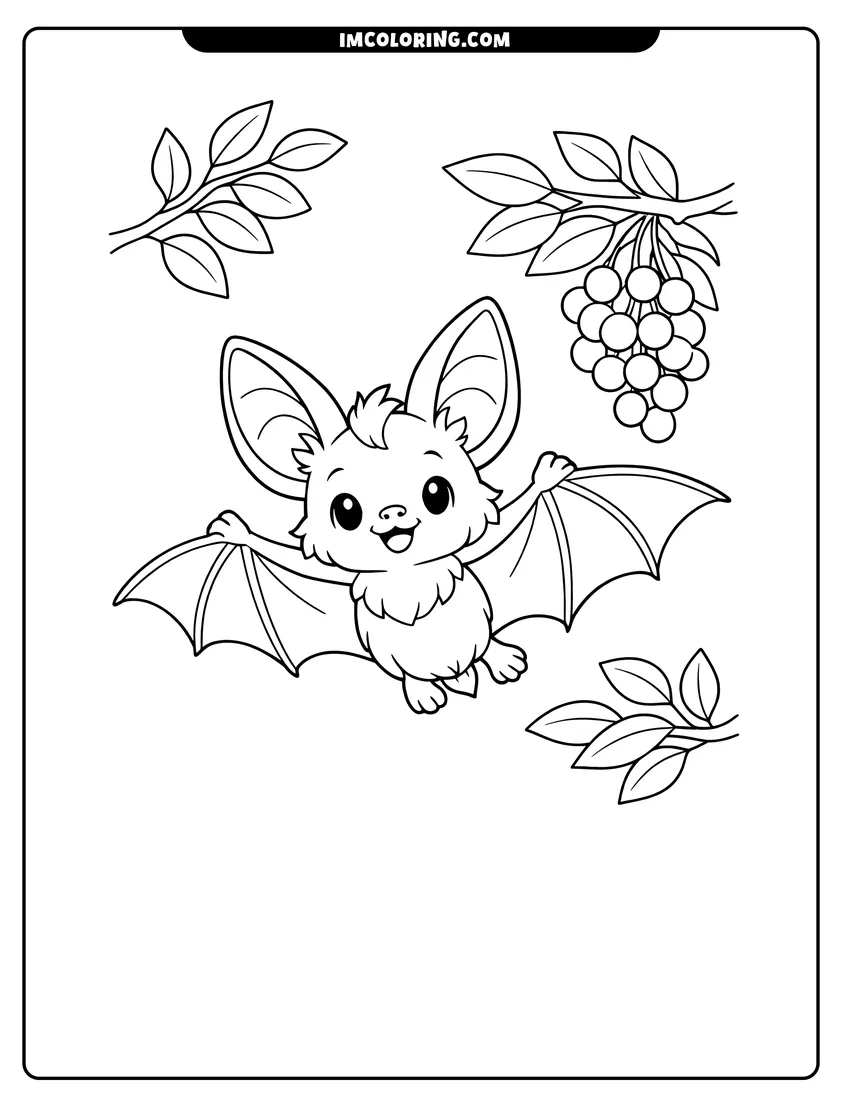 Kawaii style Fruit bat flying near a branch of berries coloring picture