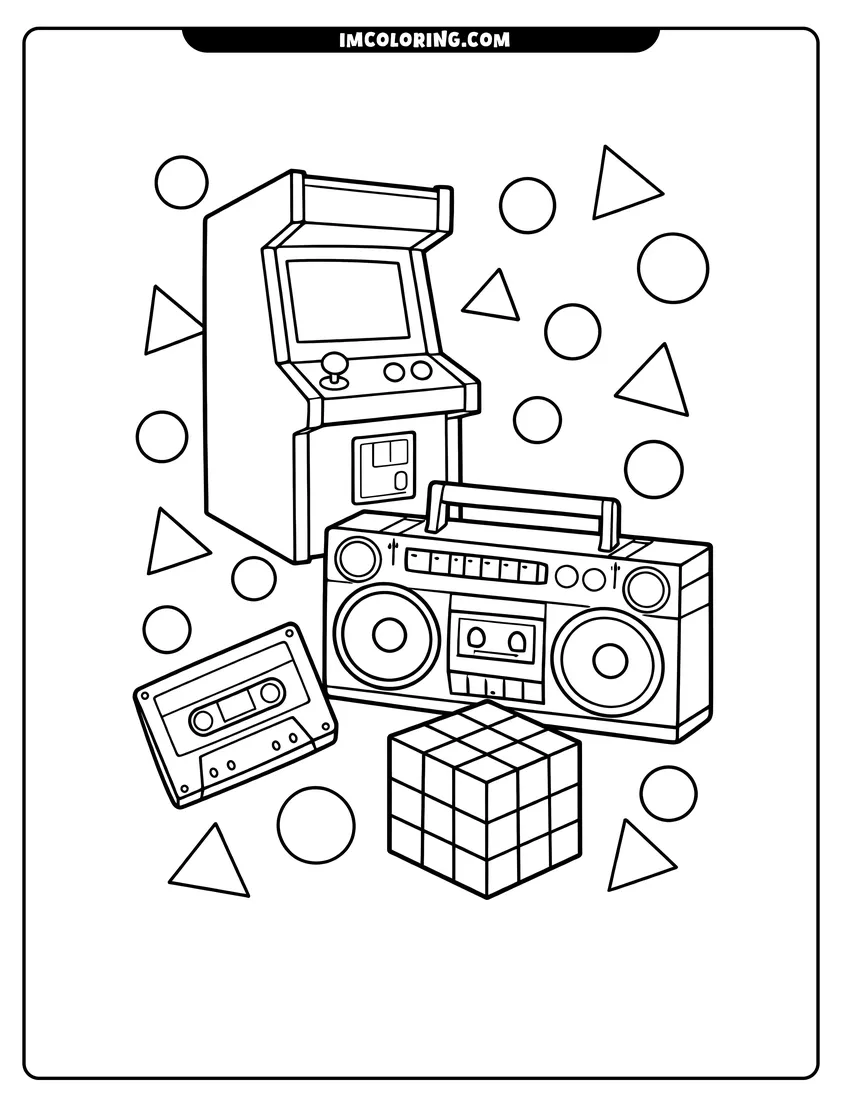 Coloring sheet of 80S arcade collage with boombox and puzzle cube for kids